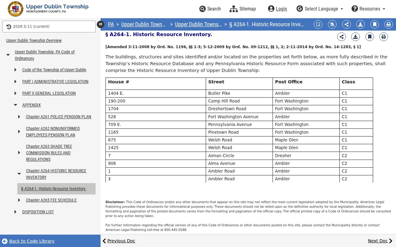 Upper Dublin Township city directory historic resource inventory ordinance