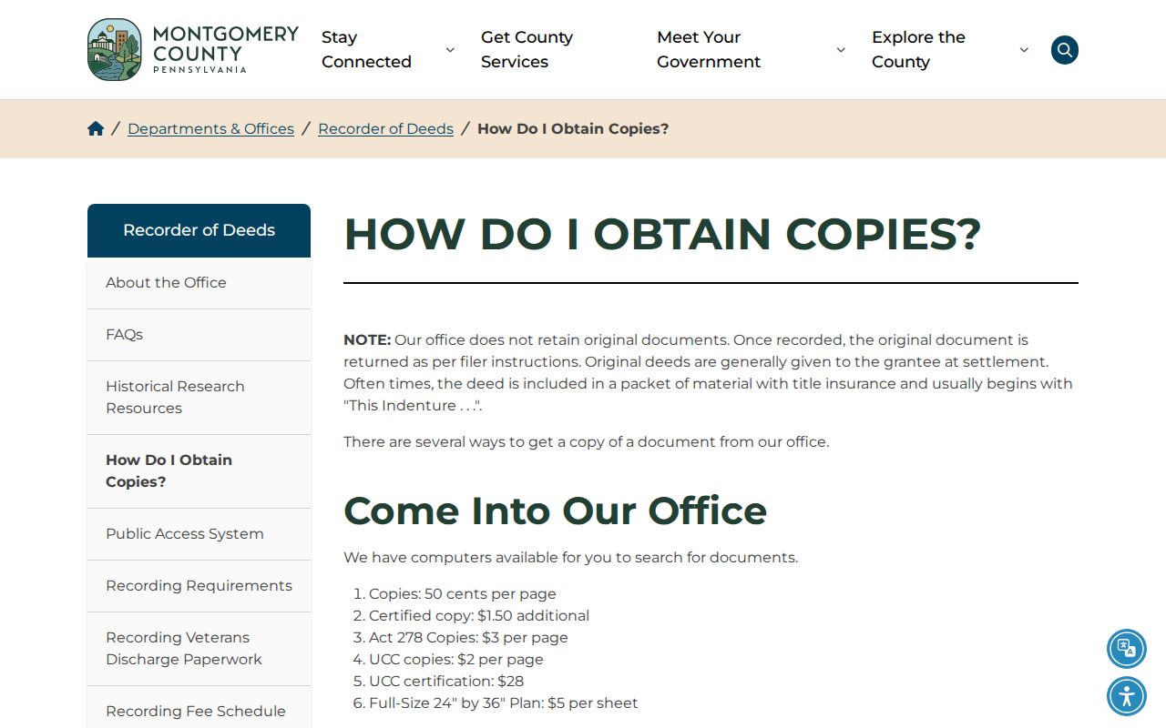 Upper Dublin Township previous residents Recorder copy methods and fees