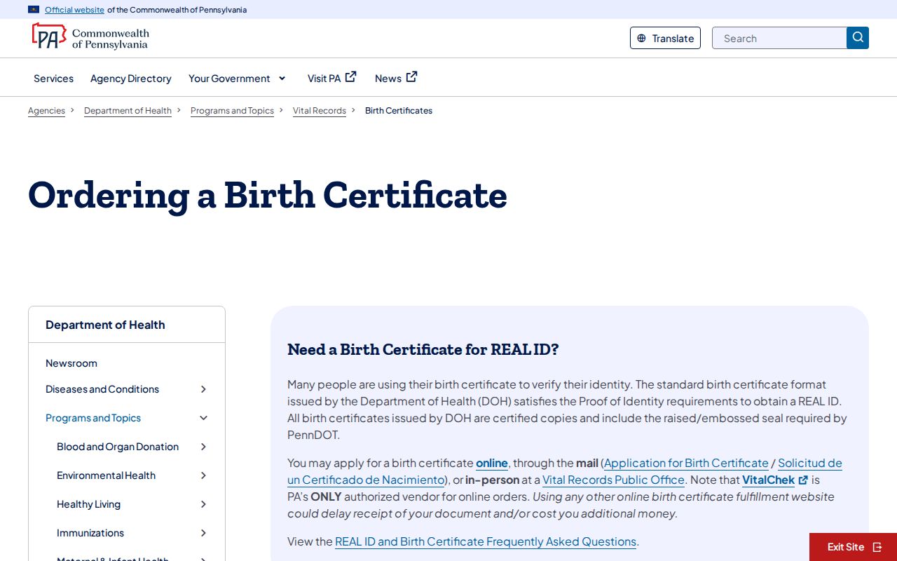 Upper Dublin resident lookup Pennsylvania birth certificate request route